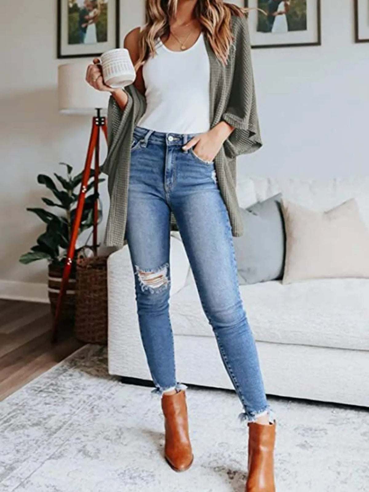 waffle knit open front plus size cardigan back view