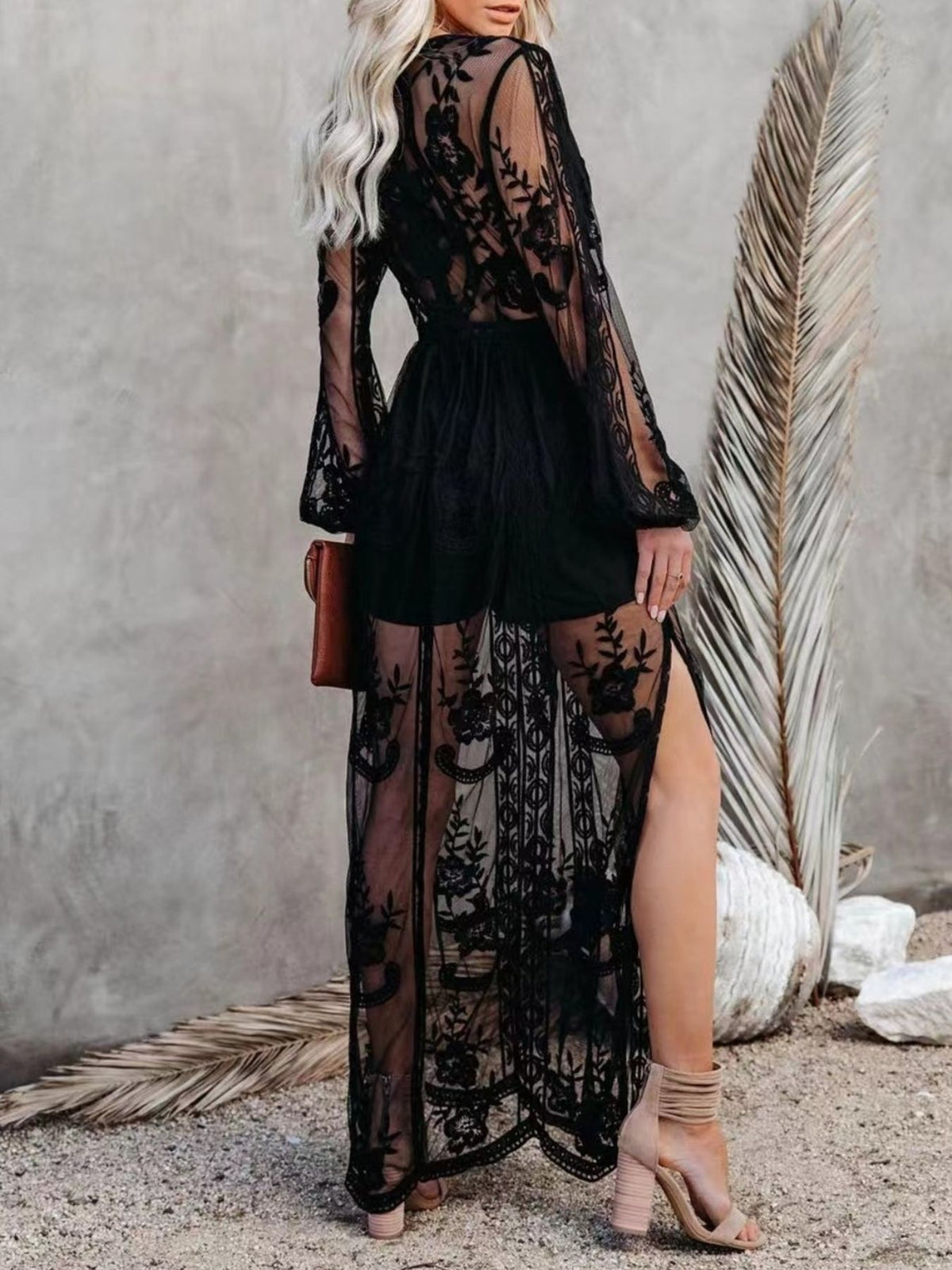 Floral lace slit maxi dress side view