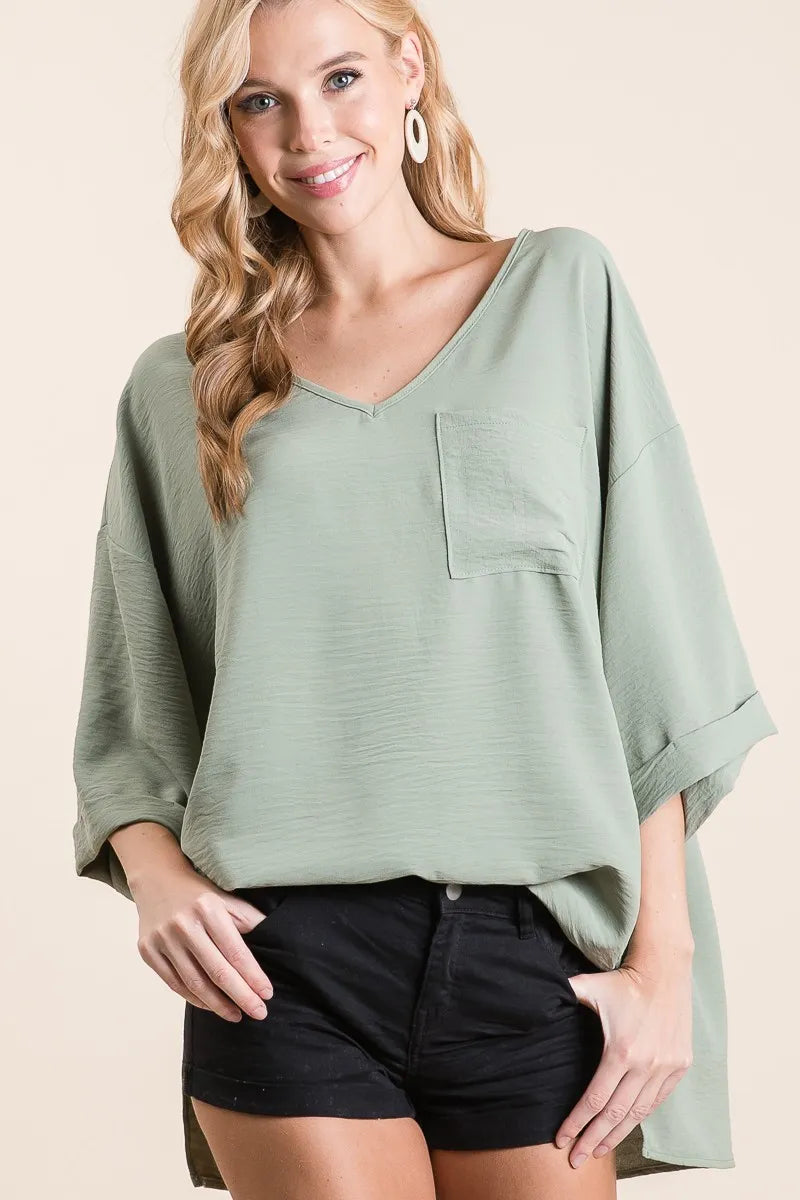 BiBi Flowy Woven V-Neck Top with Rolled Up Cuffs - Fashorio