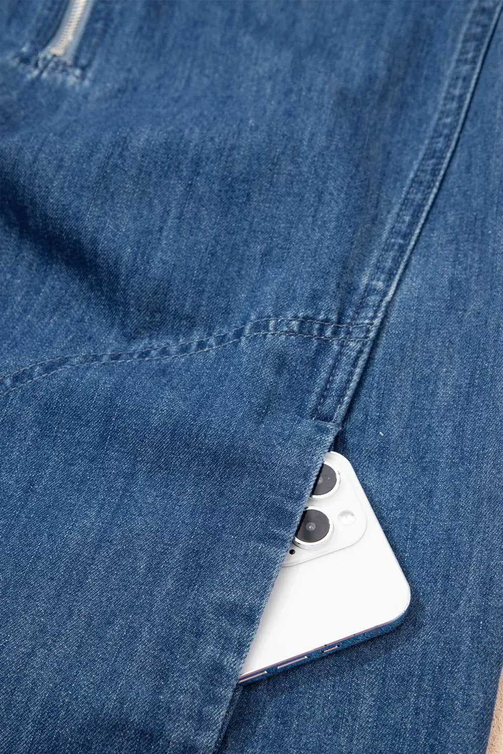 Dark blue zip up collared denim mini dress back detail
