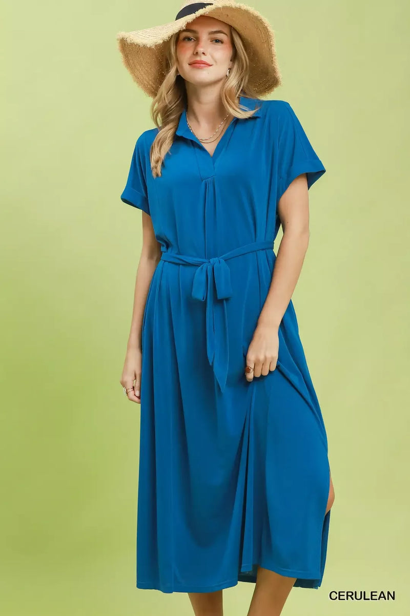 Cerulean blue Umgee collared belted midi dress front view