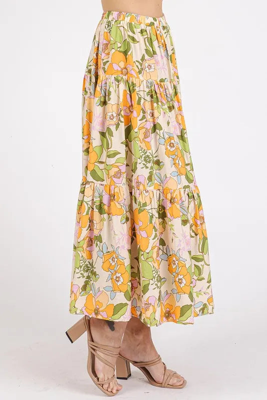 Tiered floral skirt side view
