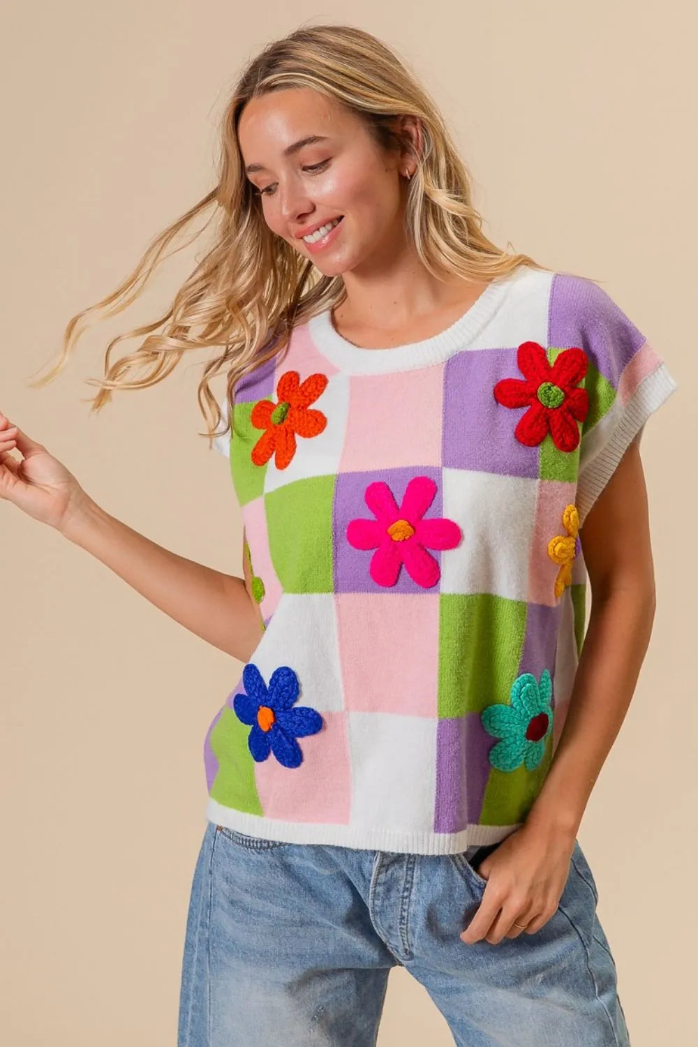 Floral Patch Checkered Sweater Vest in Lavender back view