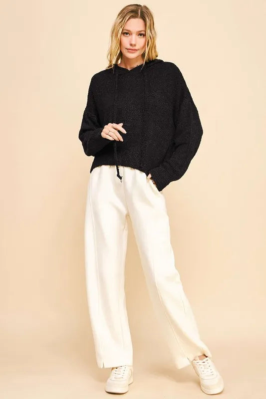 Drop Shoulder Hooded Long Sleeve Sweater in Black styled look