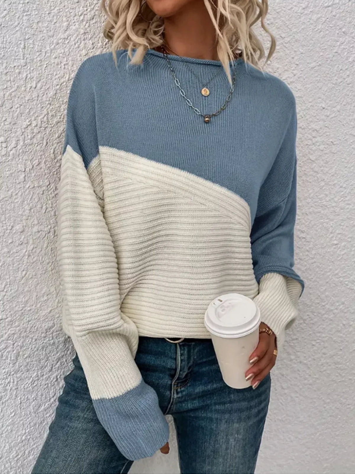 Color Block Ribbed Knit Sweater front view