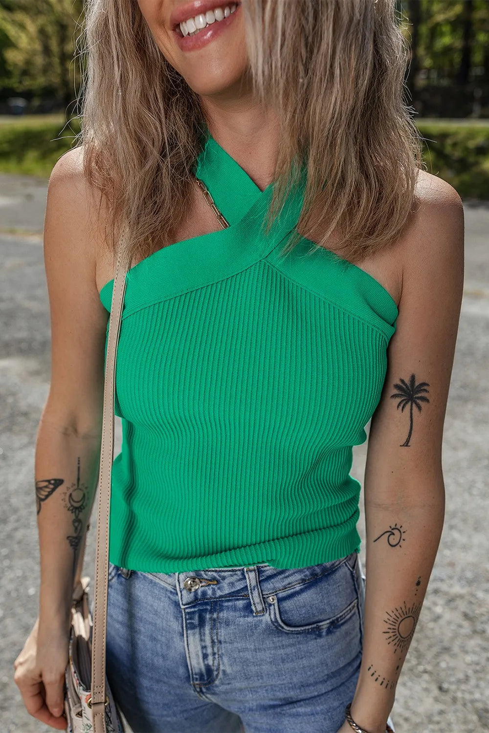 Ribbed Criss Cross Halter Sweater Tank in Green close up