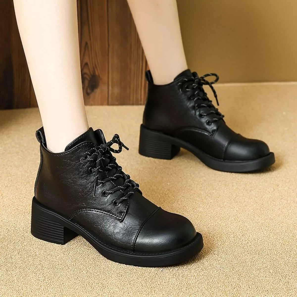 brown round toe block heel boots sole detail