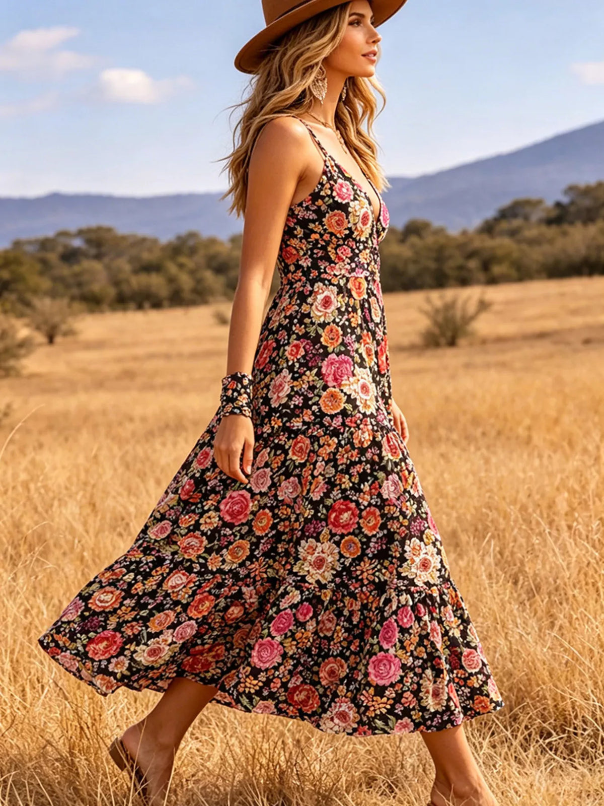 Pink floral print V neck tiered midi dress styled view