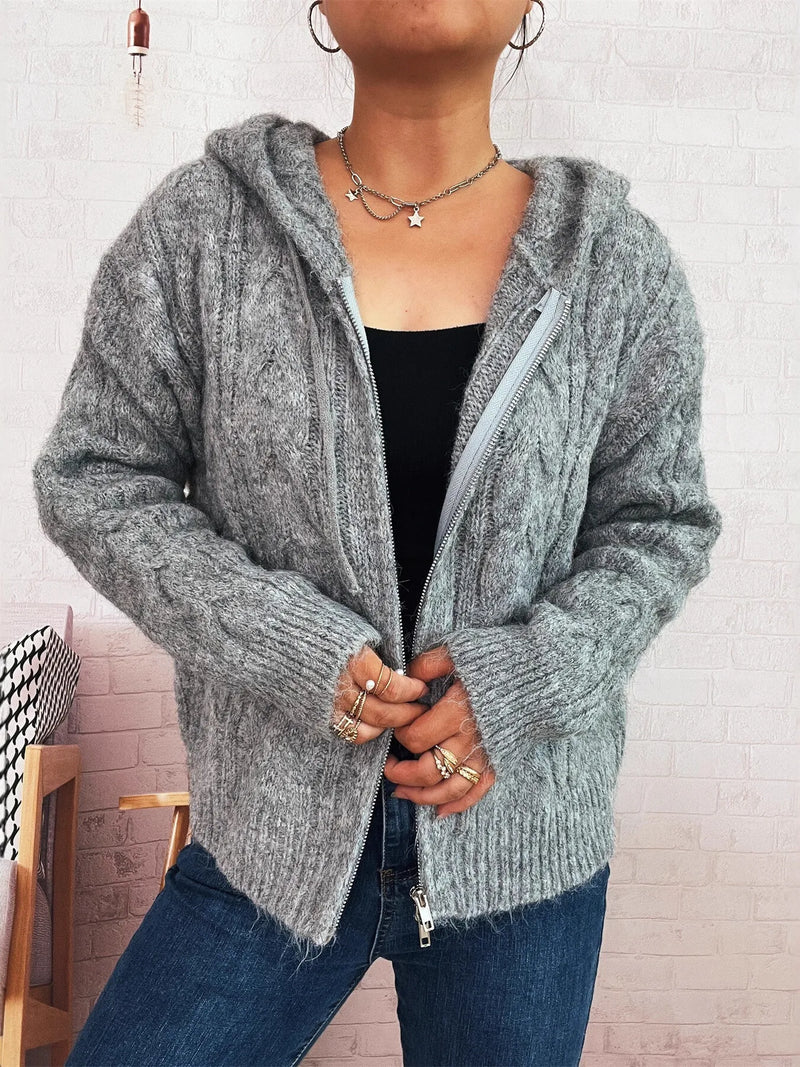 Cable knit hooded zip up cardigan front view