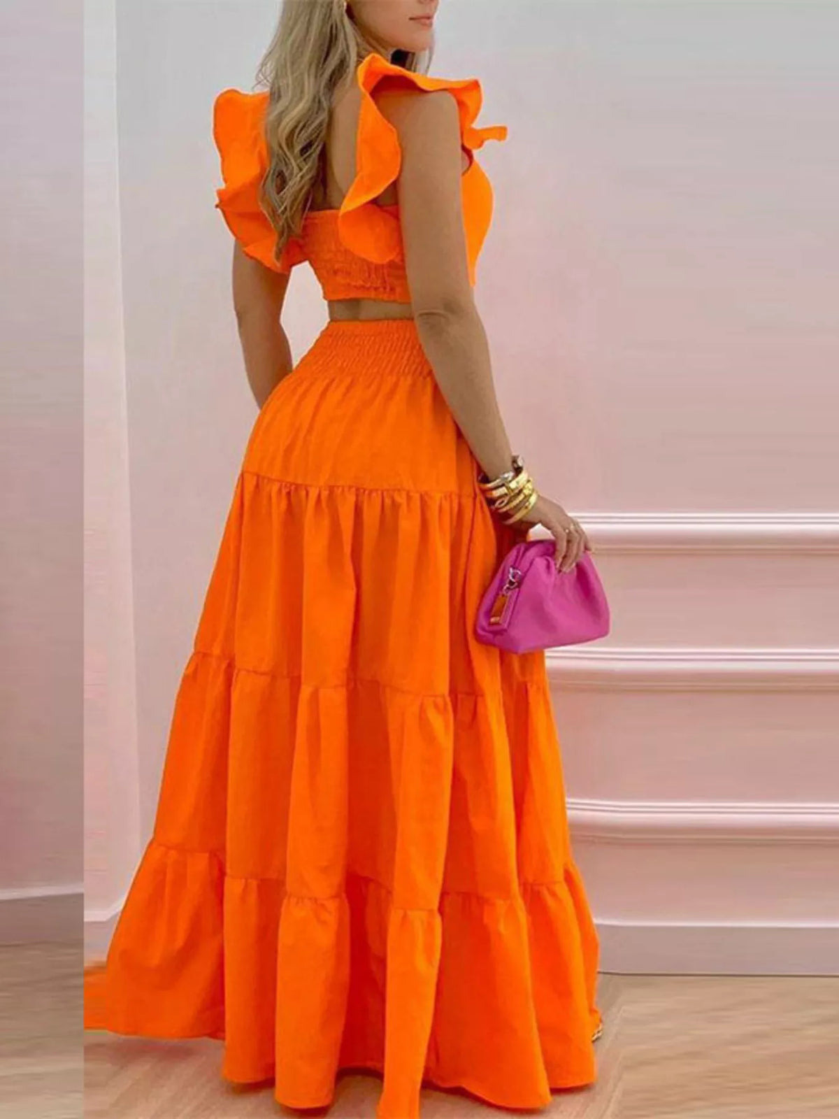 Sky blue tiered maxi set styled look