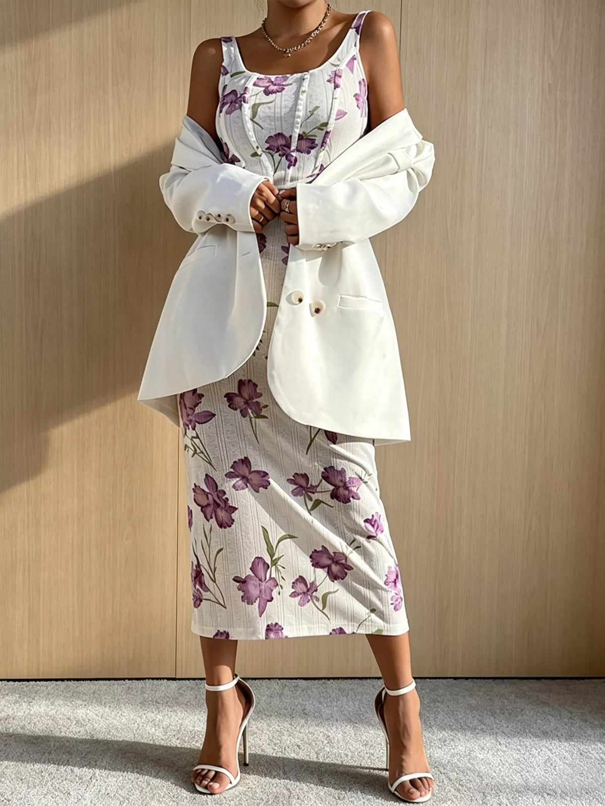 Floral print top and bodycon skirt coordinated set back view