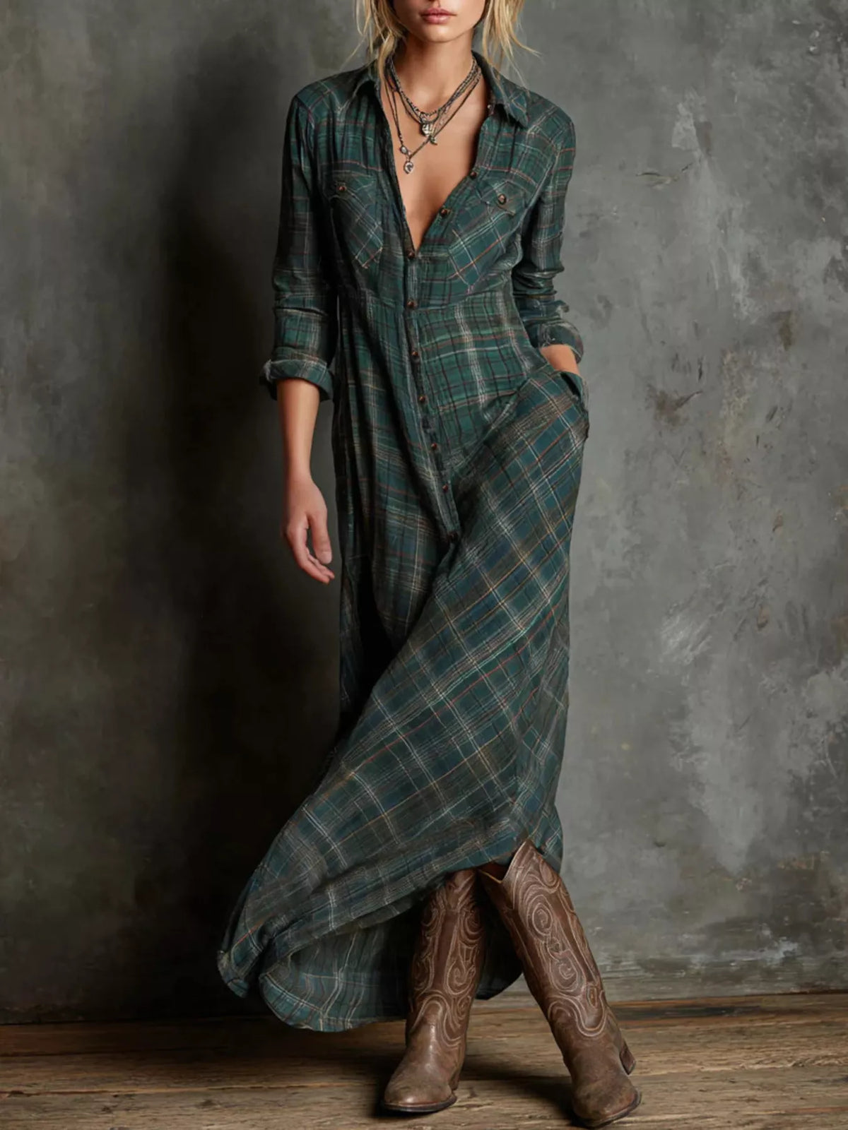 Plaid Button Down Maxi Shirt Dress Plus Size full length view