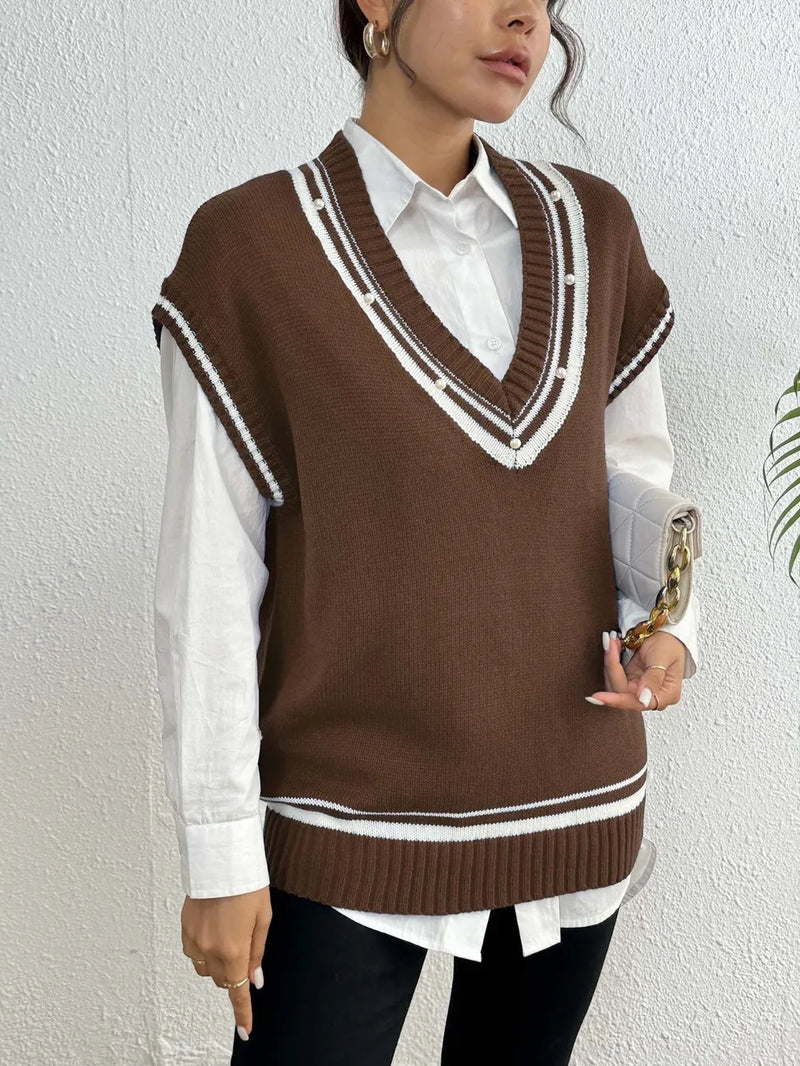 Pearl Trim Contrast V Neck Sweater Vest in Brown