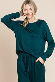 Super Lady Round Neck Raglan Sleeve Top and Drawstring Pants Lounge Set Hunter Green - Fashorio