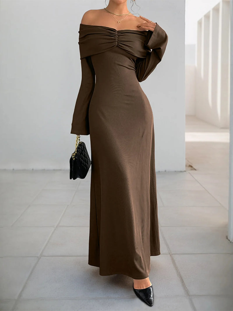 Coffee brown off shoulder long sleeve bodycon maxi dress front view