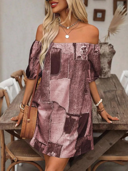 Patchwork Off Shoulder Denim Mini Dress Burgundy - Fashorio