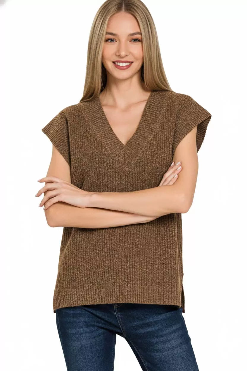 Ribbed Side Slit V Neck Sweater Vest in Brown side view