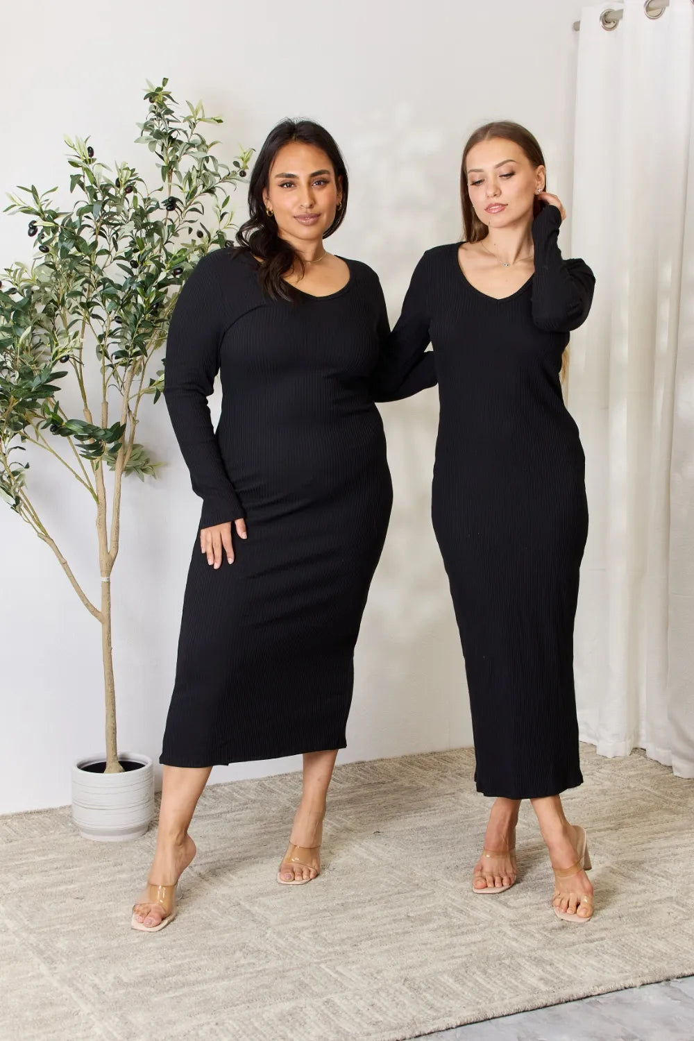 Ribbed Long Sleeve Midi Slit Dress view 11