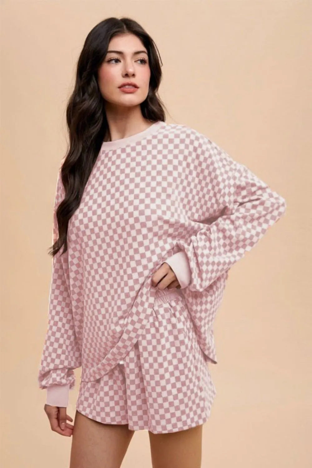 Annie Wear Checkered Round Neck Top and Drawstring Shorts Set Blush Pink - Fashorio