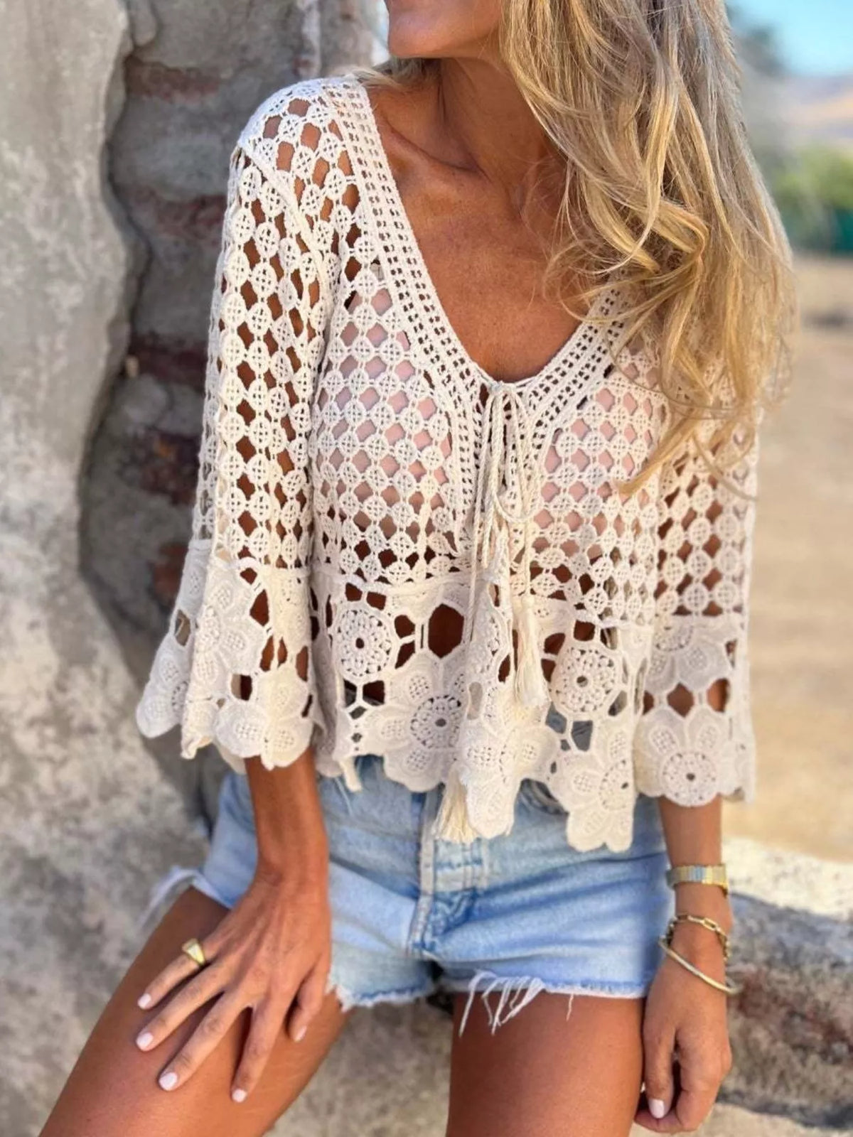 Crochet cover up side detail with tassels