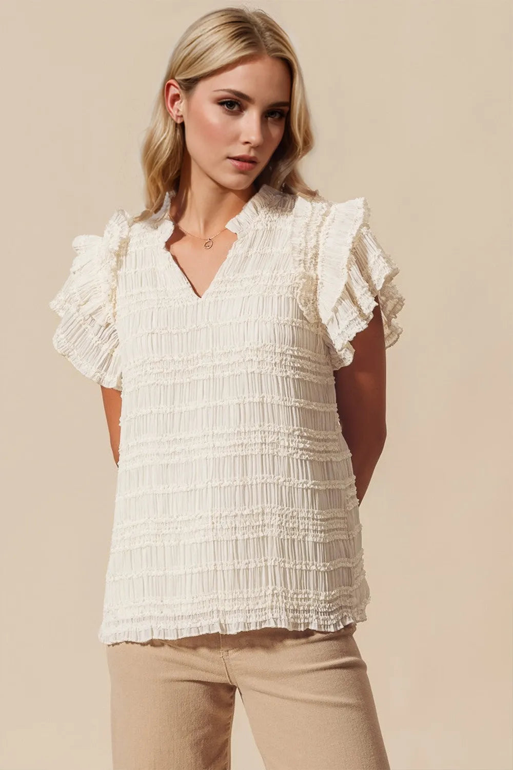 Frill notched flounce sleeve blouse front view