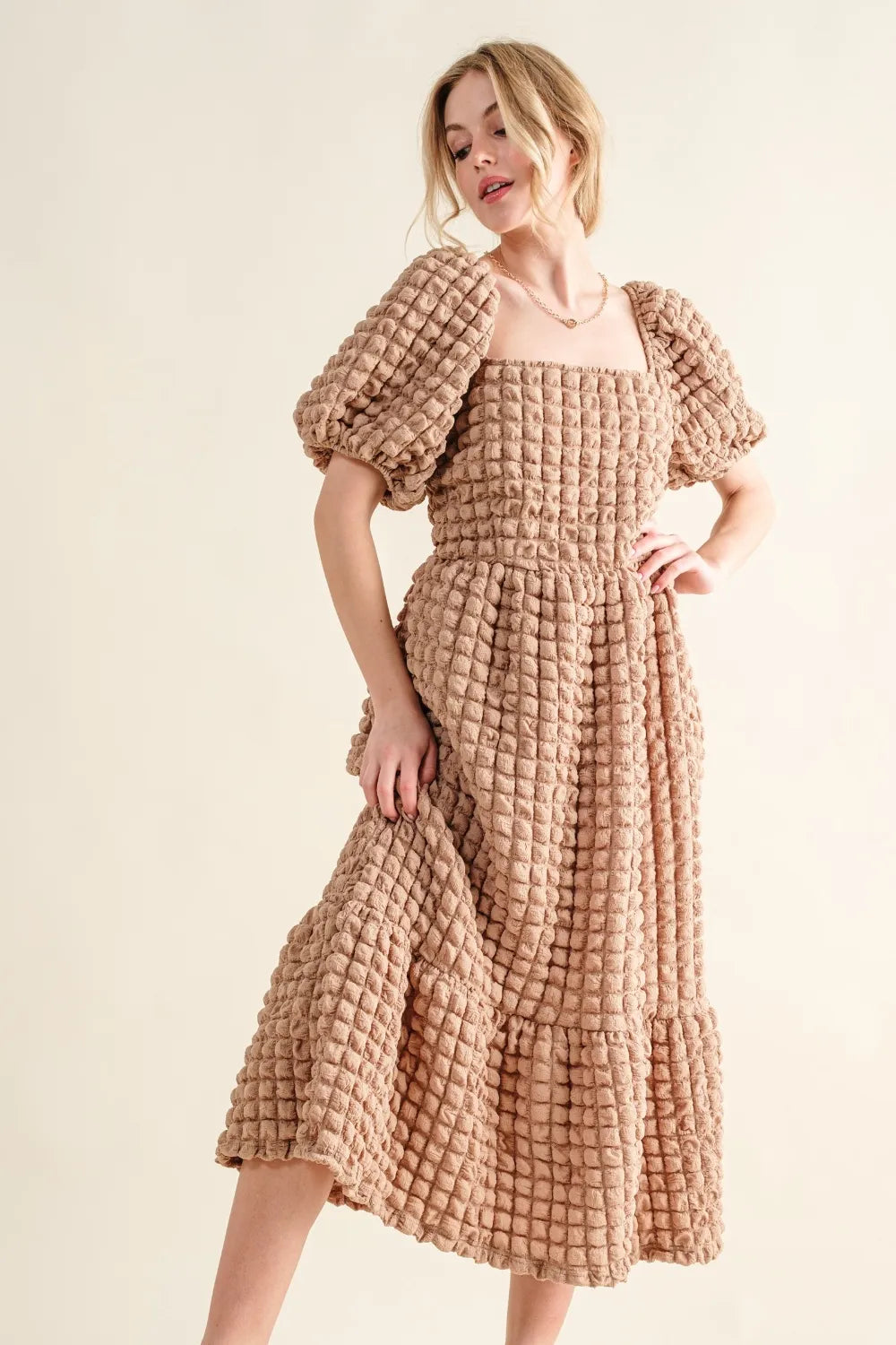 Square Neck Puff Sleeve Dress in Latte