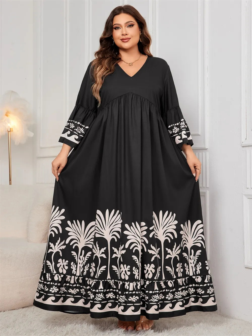 Black printed V neck long sleeve plus size maxi dress full length view