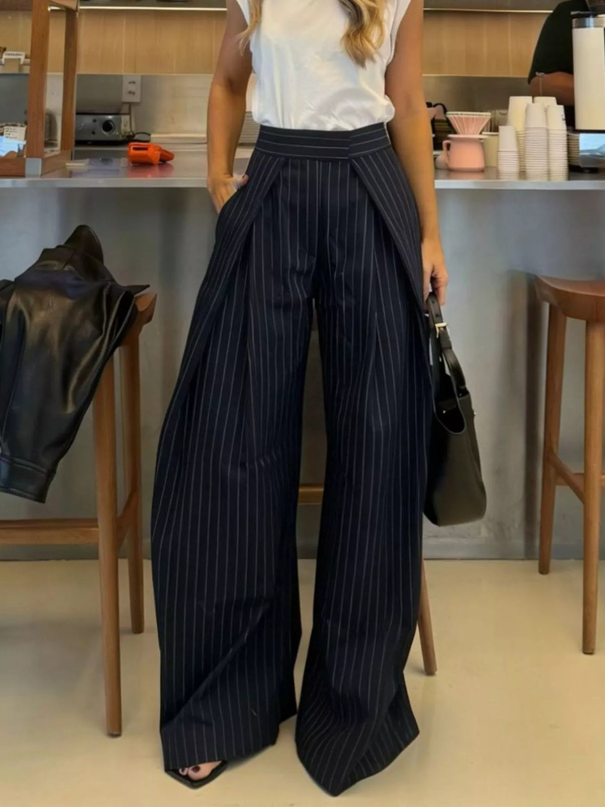 High rise waistband detail on the wide leg trousers