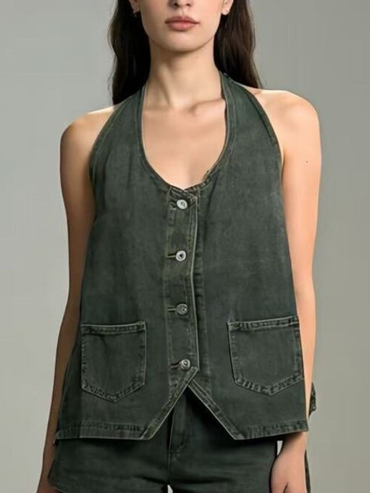 Halter Neck Button Down Denim Vest in Dark Blue view 9