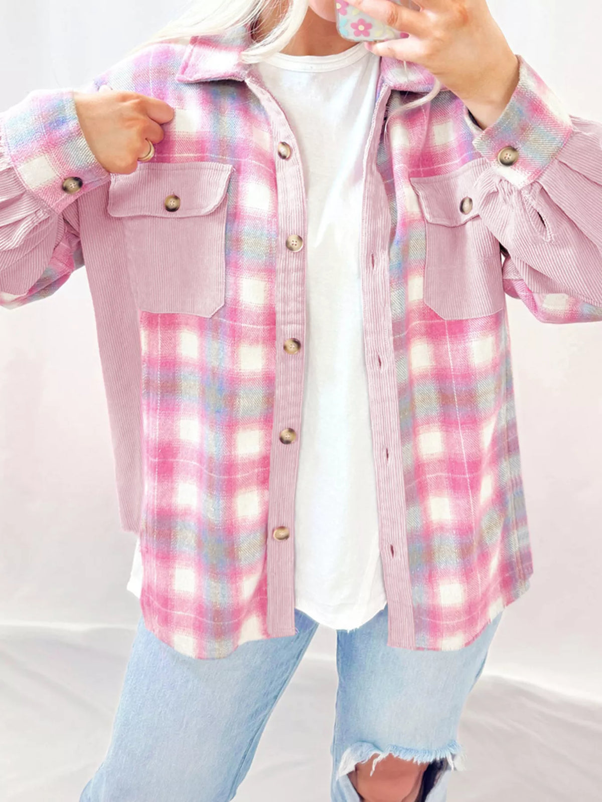Plaid Button Up Jacket in Blush Pink