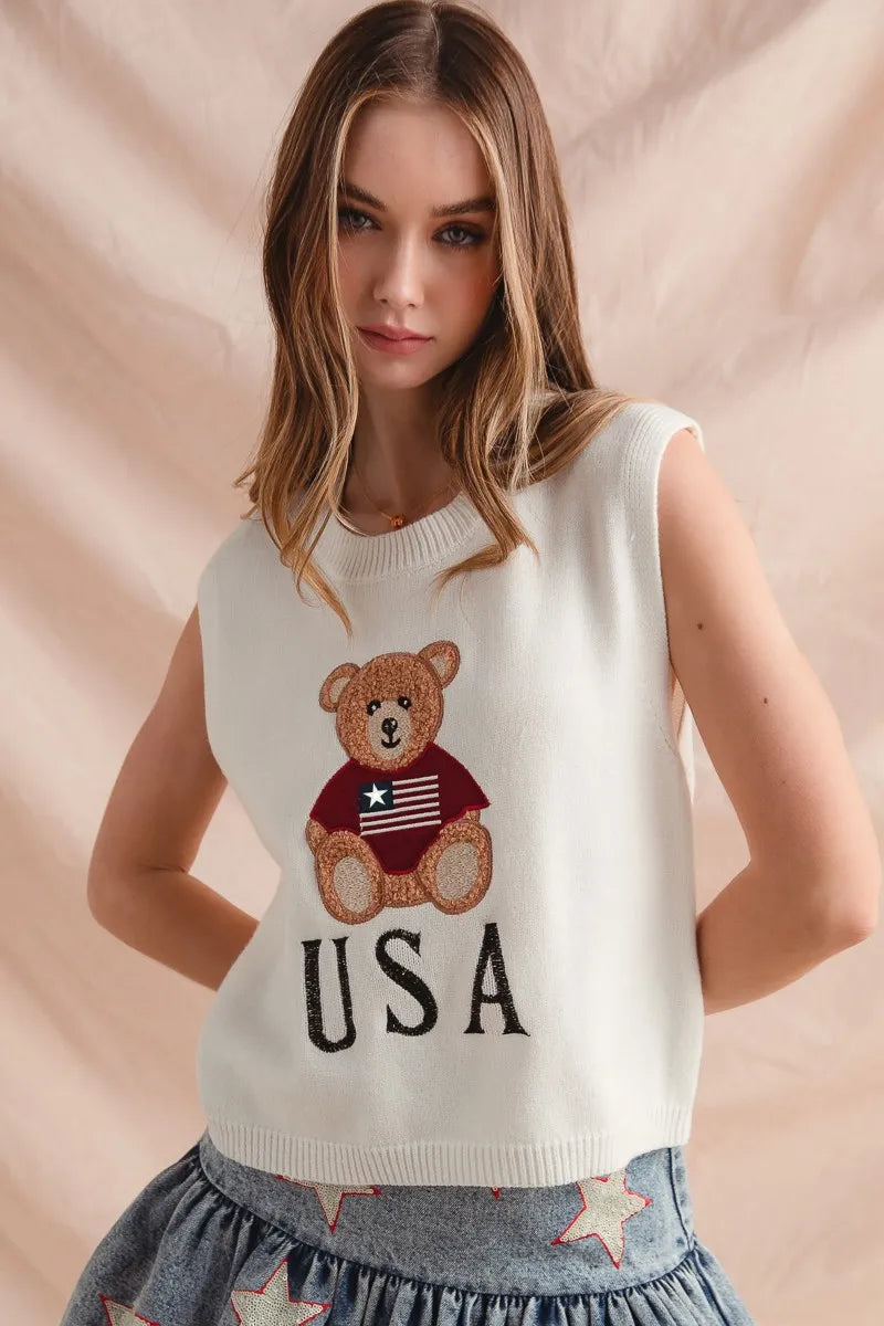 SO ME Teddy Bear Wearing An American Flag With Usa Embroidered Sweater Vest - Fashorio