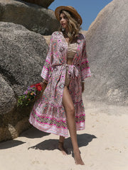 Printed Open Front Cover Up Pink - Fashorio
