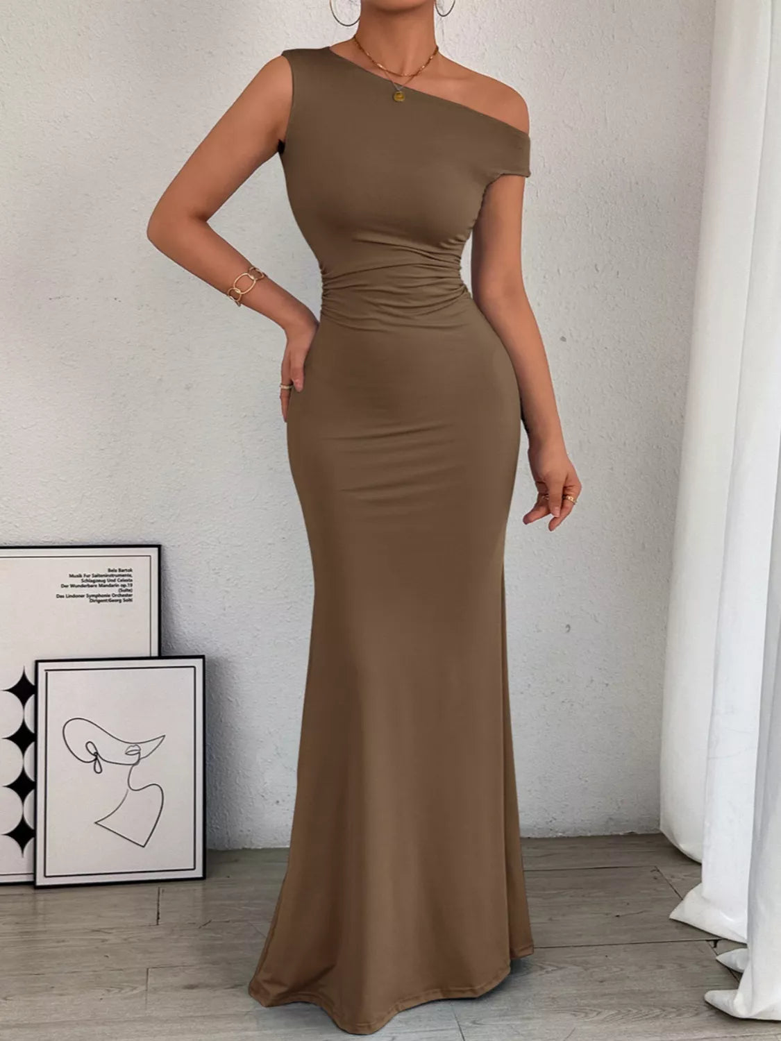 One shoulder ruched dress soft colour