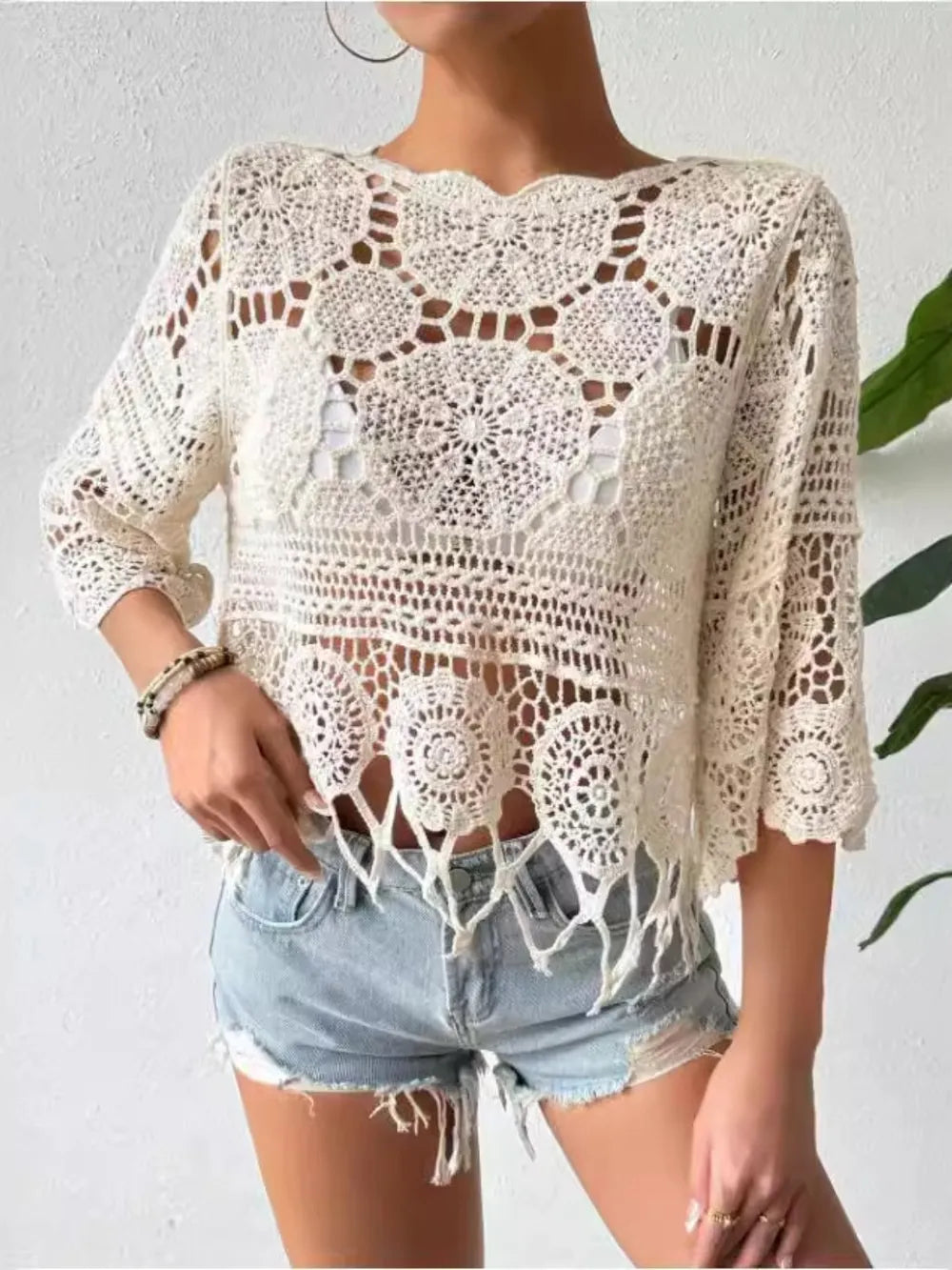 Round neck cover up openwork knit detail