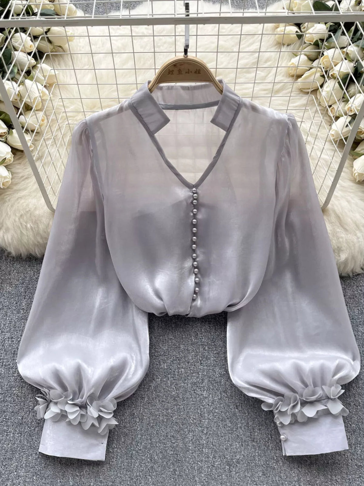 Full length view of the one size sheer floral shirt
