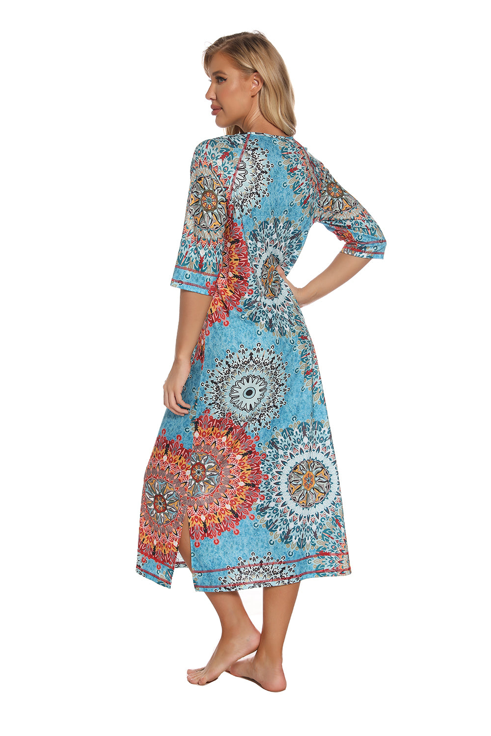 Printed Slit Night Dress with Pockets - Fashorio