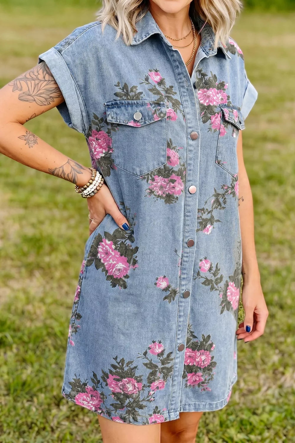 Floral print denim shirt dress front view