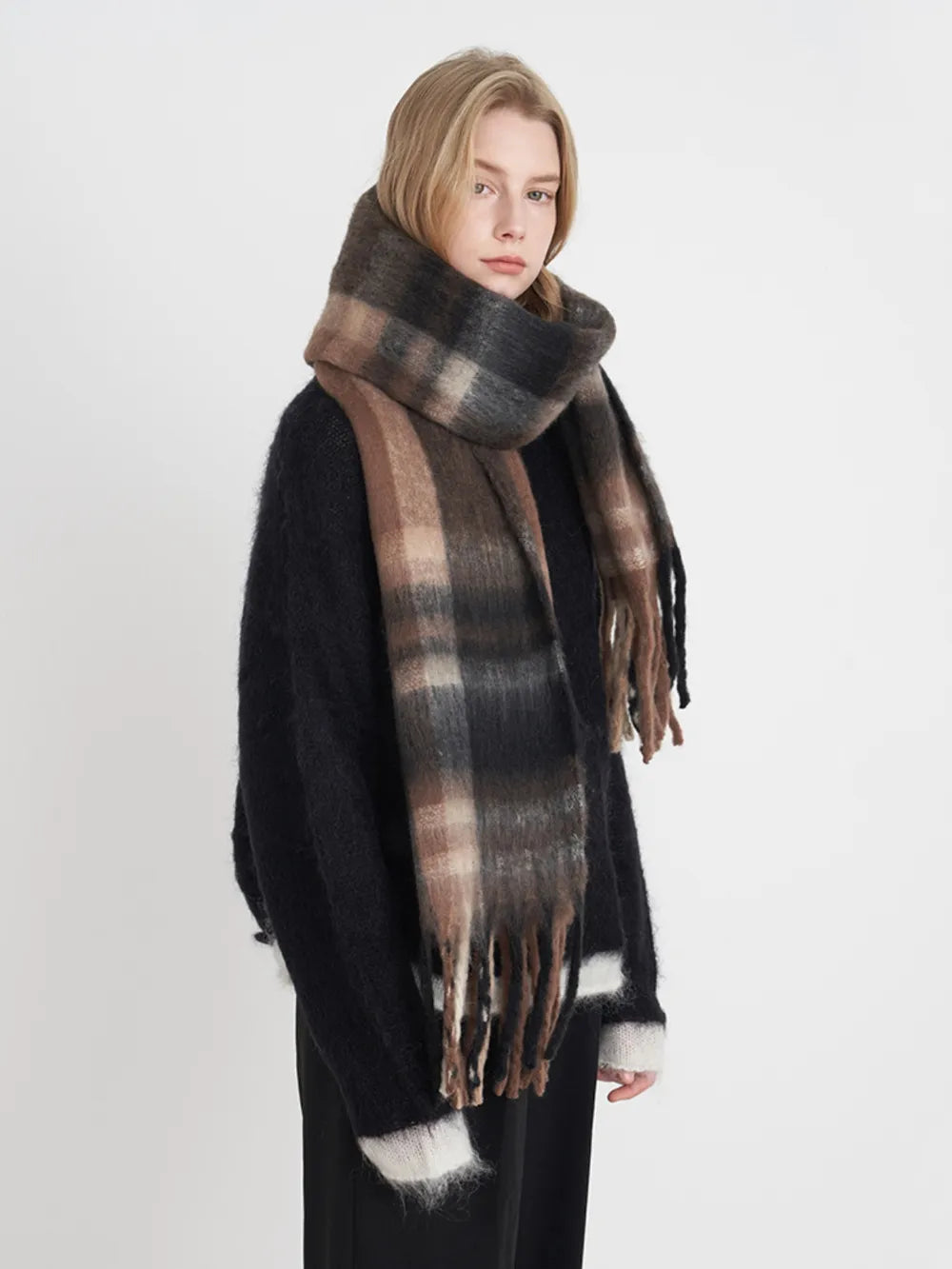 Fringe plaid polyester scarf folded view