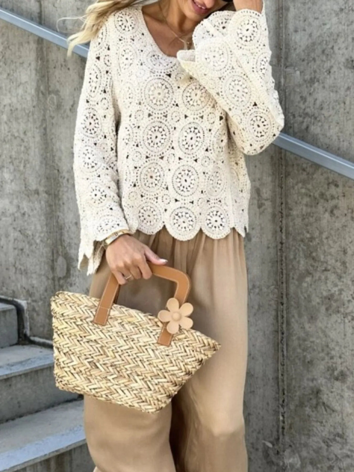 Crochet lace V neck bell sleeve top front view