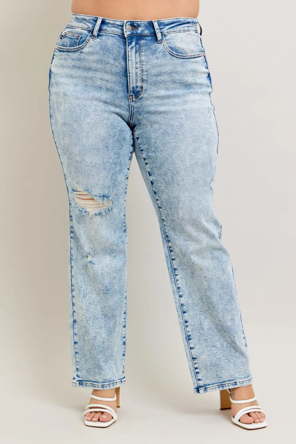 Judy Blue Full Size Hw Mineral Wash Destroy 90's Straight Jeans Plus Size - Fashorio
