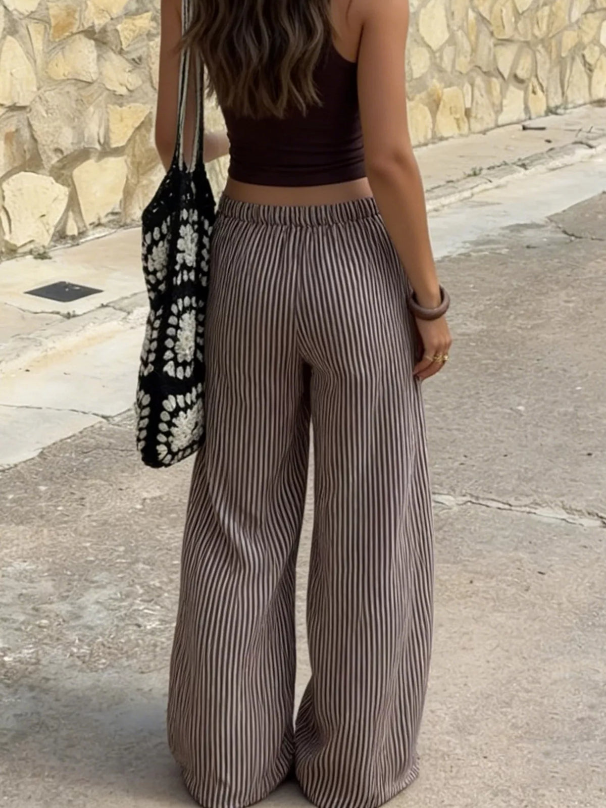 Brown striped tie waist wide leg pants styled view