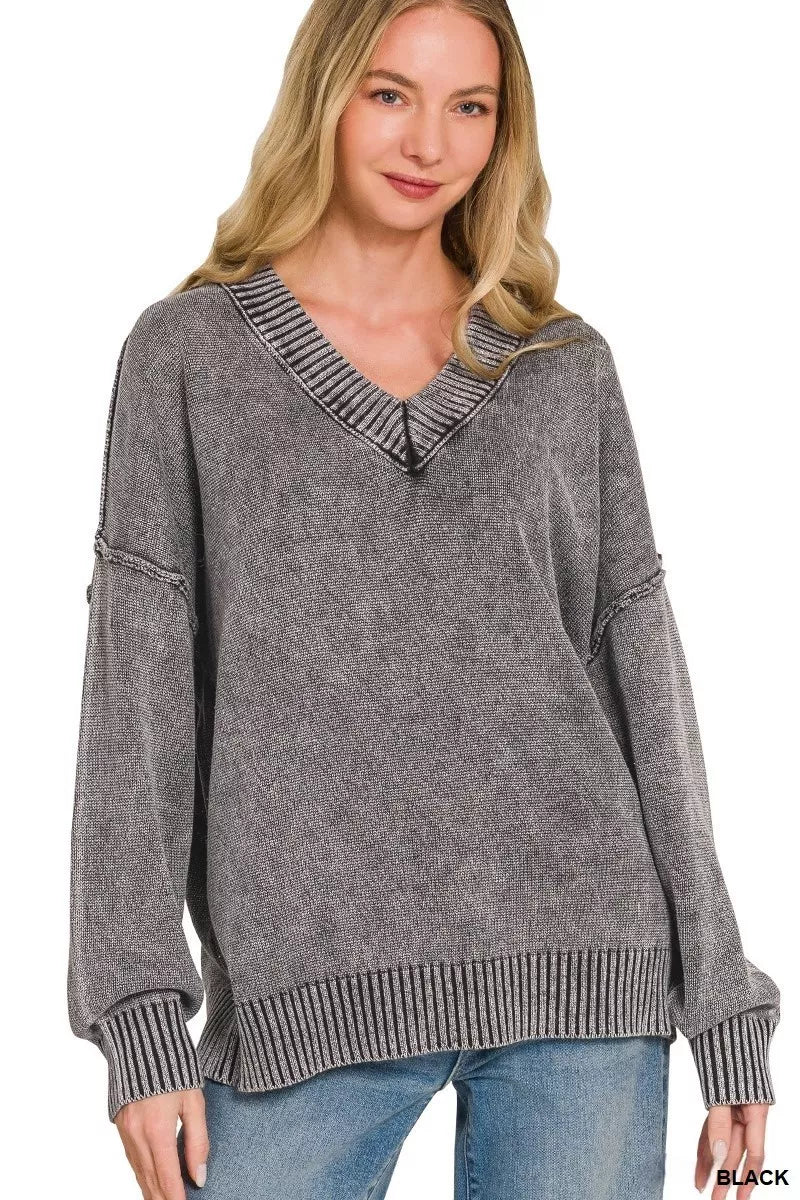 Black washed deep V neck oversized sweater front view