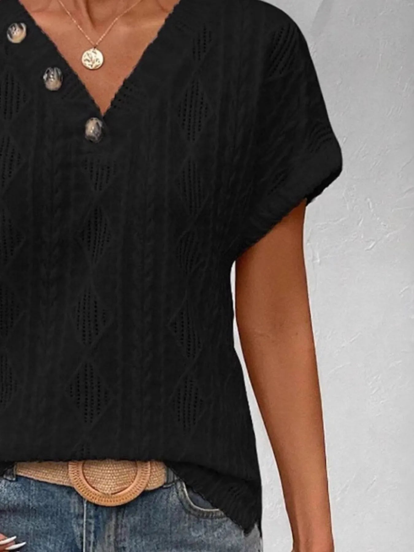 Textured V-Neck Short Sleeve Top - Fashorio