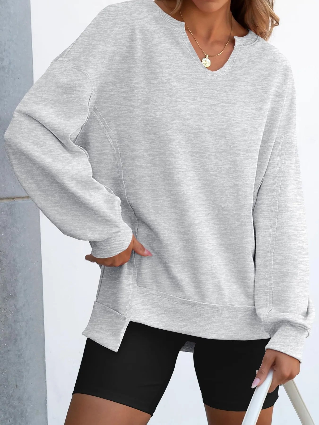 Notched Long Sleeve Oversized Sweatshirt - Fashorio