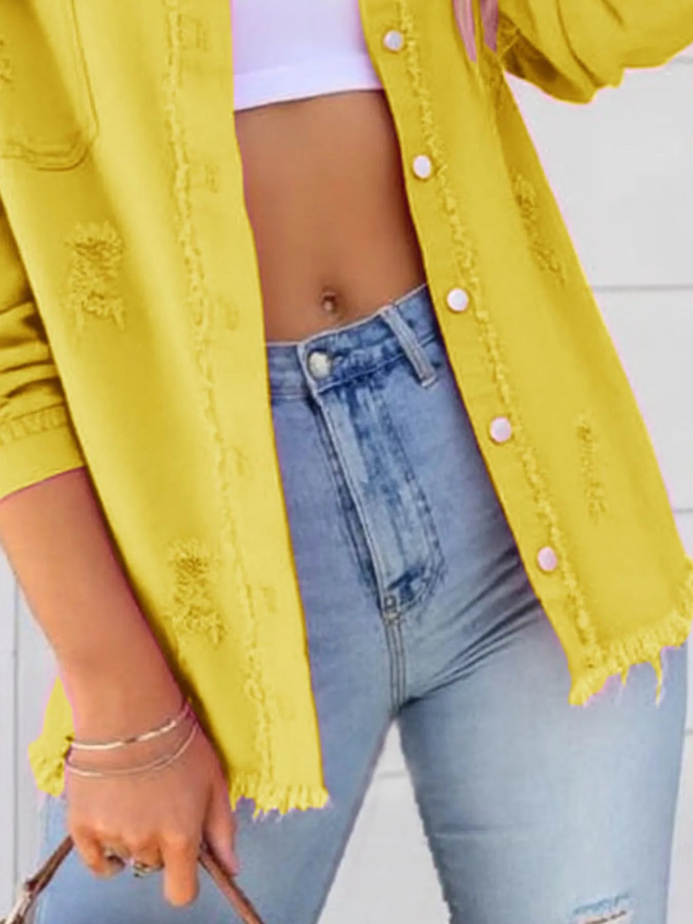 Distressed Denim Jacket with Frayed Edges - Fashorio