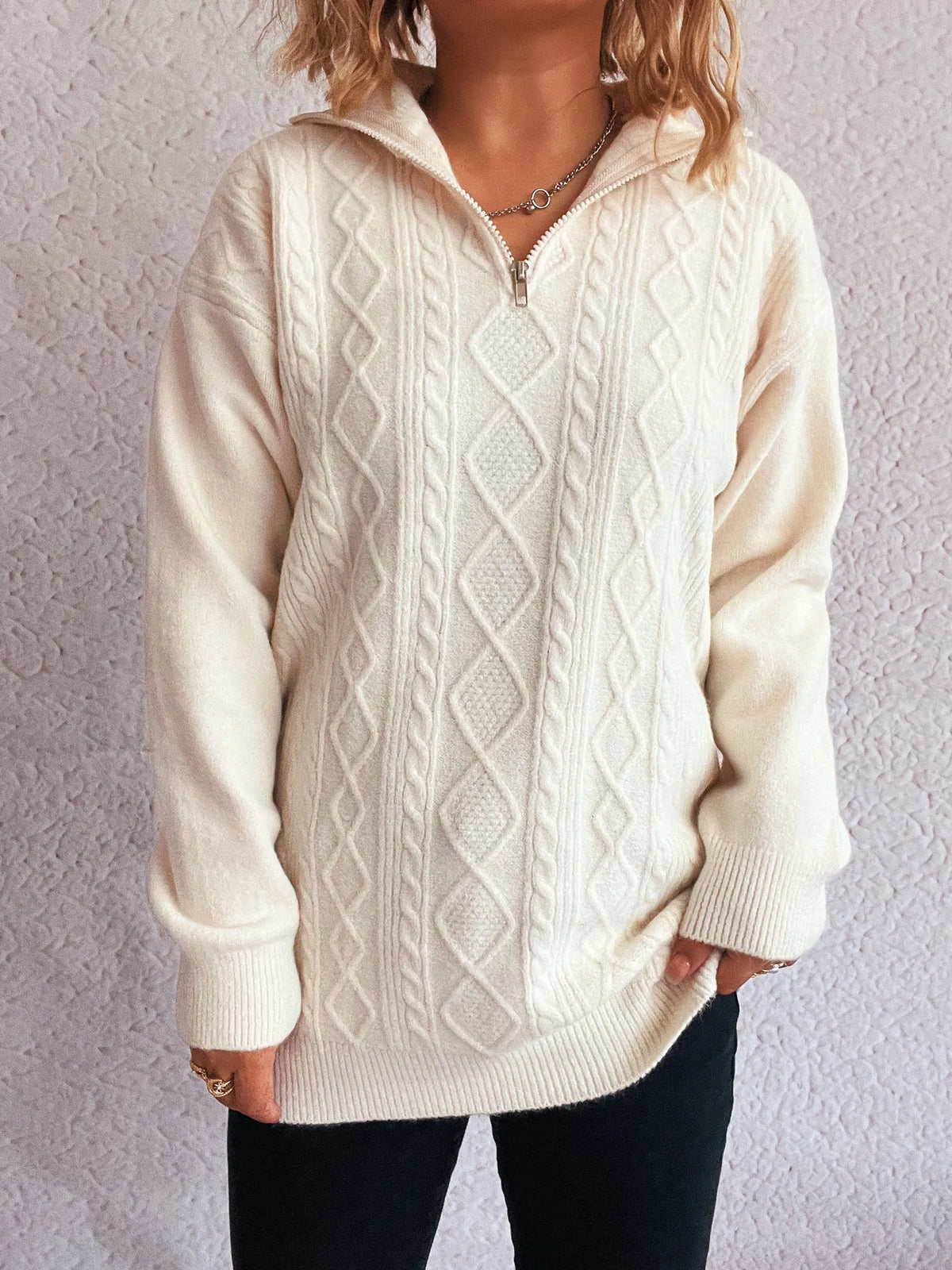 Texture zip collar long sleeve sweater, neutral color