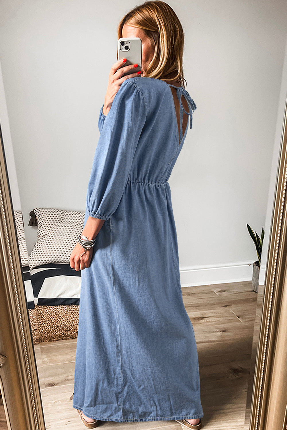 Blue chambray maxi dress deep V neckline detail