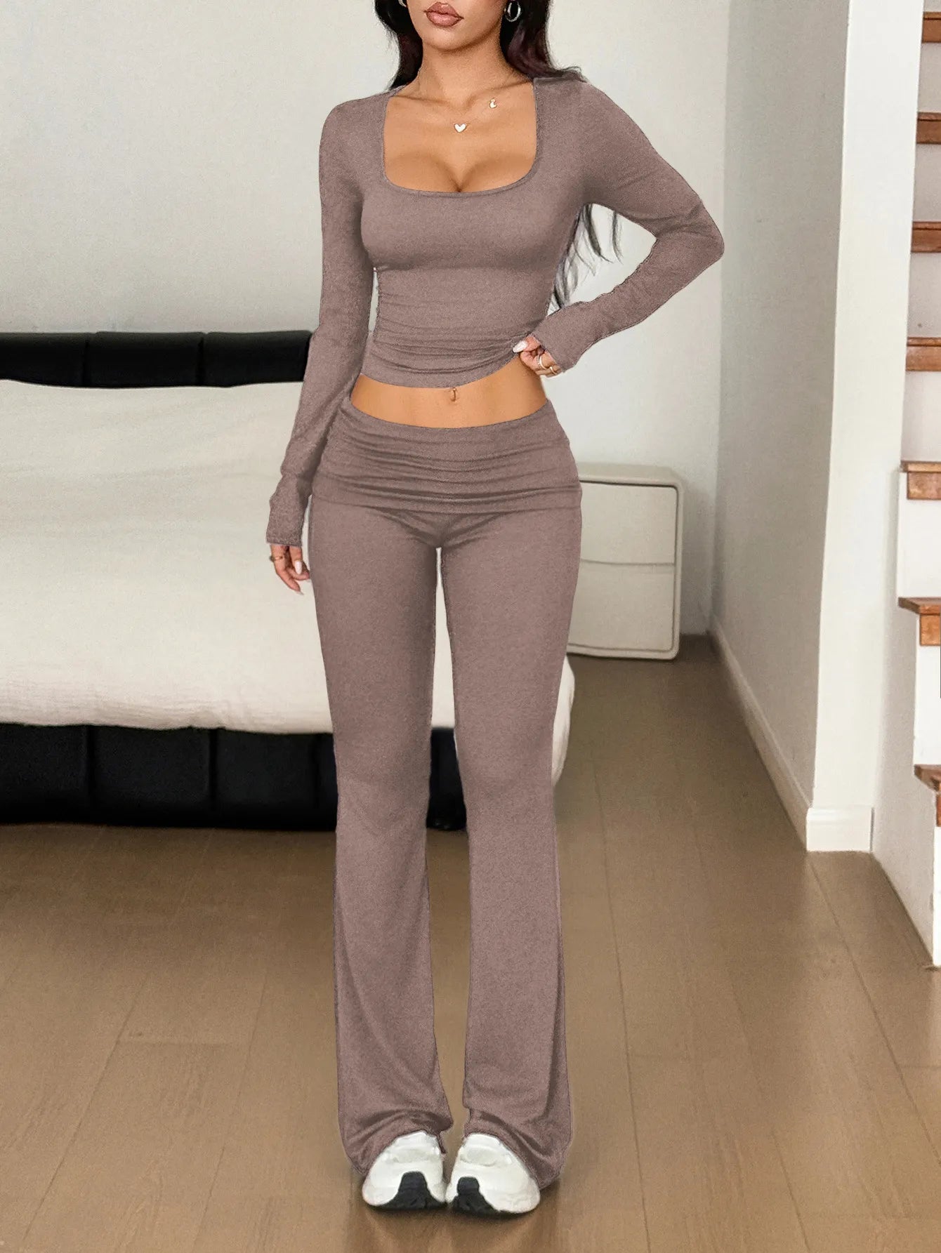 Long Sleeve Crop Top and Bootcut Pants Set - Fashorio