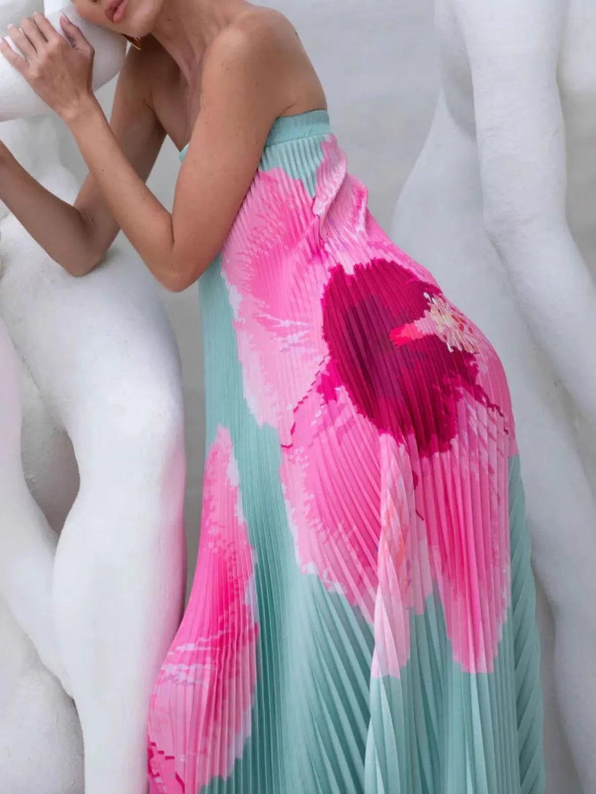 Pleated printed strapless tube floor length dress front view