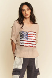 Davi & Dani Sequin American Flag Patch Short Sleeve Knit Top TAUPE - Fashorio